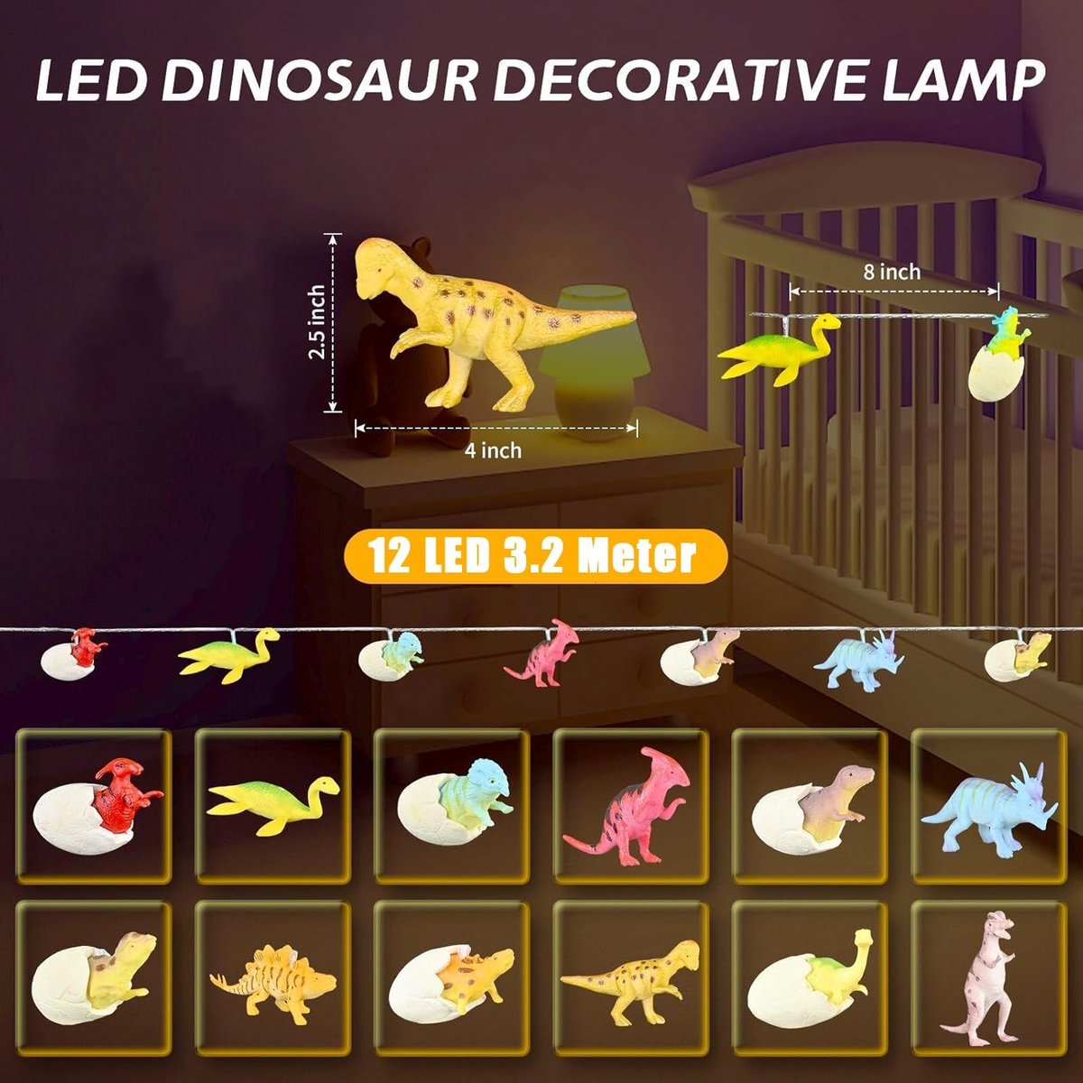 Sfeerverlichting voor kinderkamer - 3,5 m met 12 LED-dino's - Batterij-operated - Ideaal voor een rustige nachtrust - ShopVlot