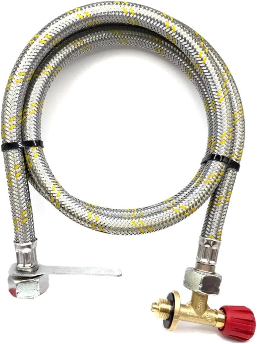 LPG vulslangset 1,5 m - gevlochten staal - met afsluitkraan - ideaal voor gasflessen type 901/904/907 - ShopVlot