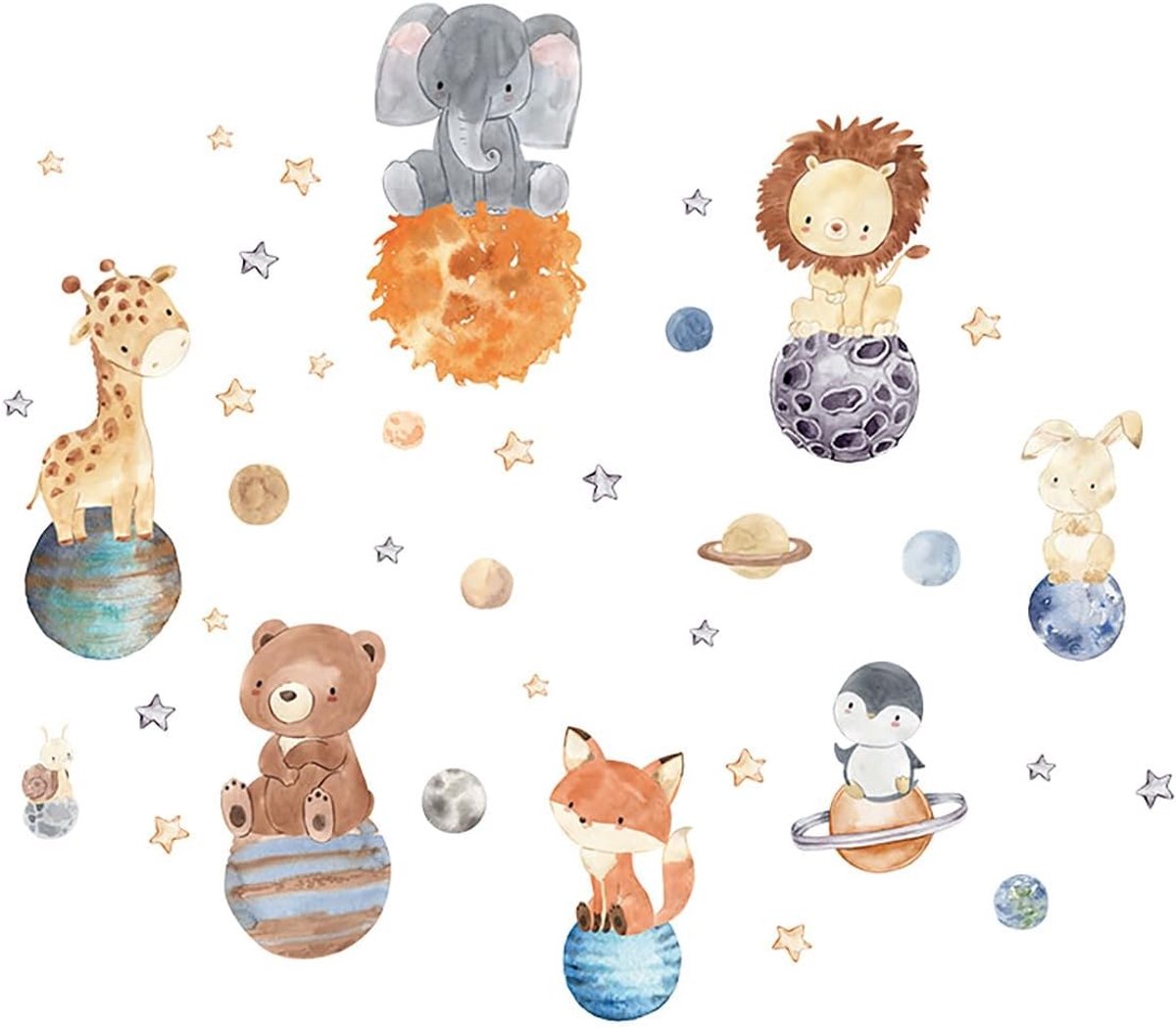 Muursticker dieren op planeten - 115 x 90 cm - waterverf stijl - sfeervolle kinderkamerdecoratie - ShopVlot