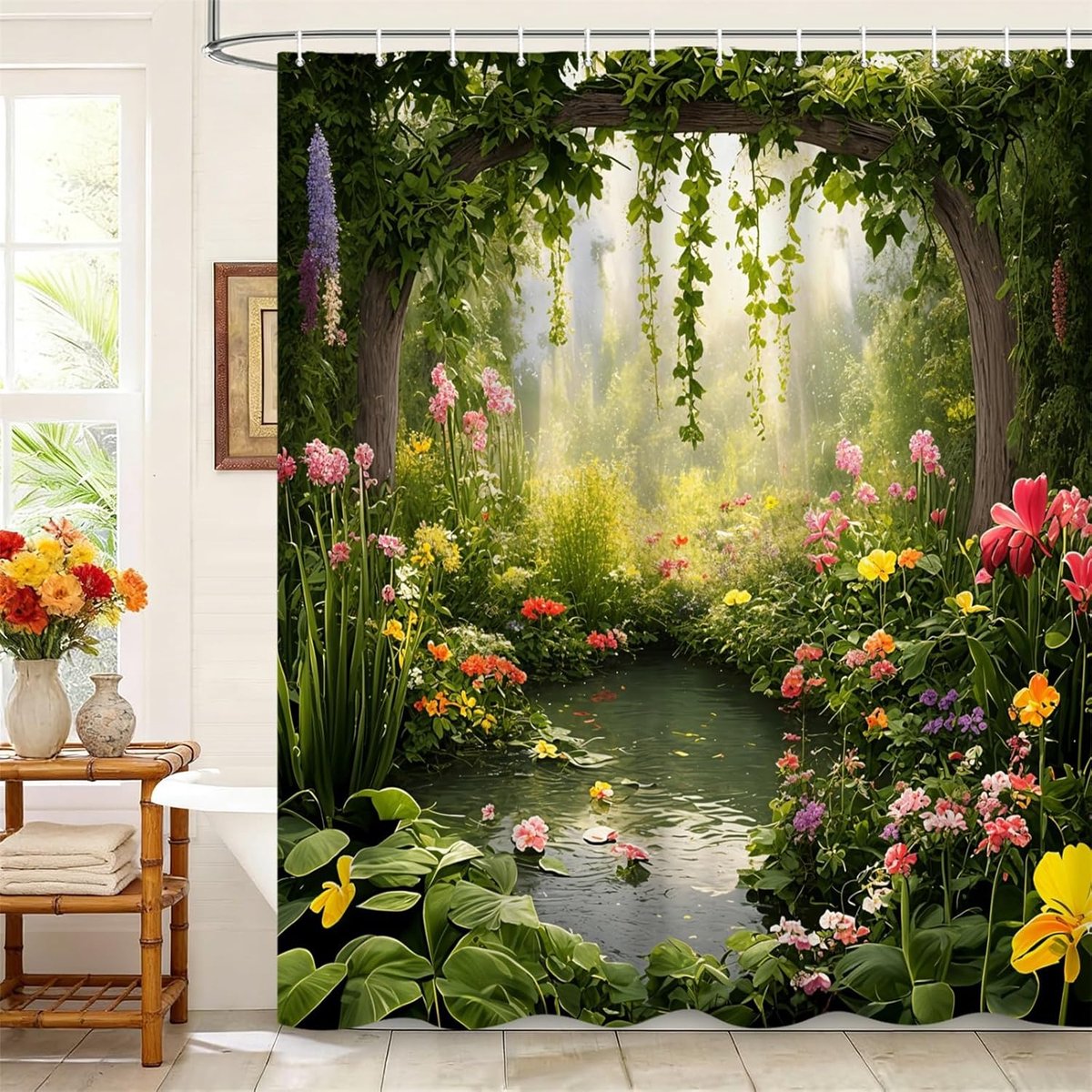 Douchegordijn 183x213cm - Lush groene bloemen - Polyester stof - Verfrissend voor de badkamer - ShopVlot