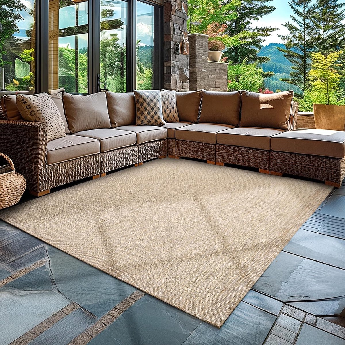 Effen Ontwerp Weerbestendig Terras Balkon Tuin Keukenkleed Vlakweefsel Sisal-Look, Kleur: Beige, Afmeting: 60 x 100 cm