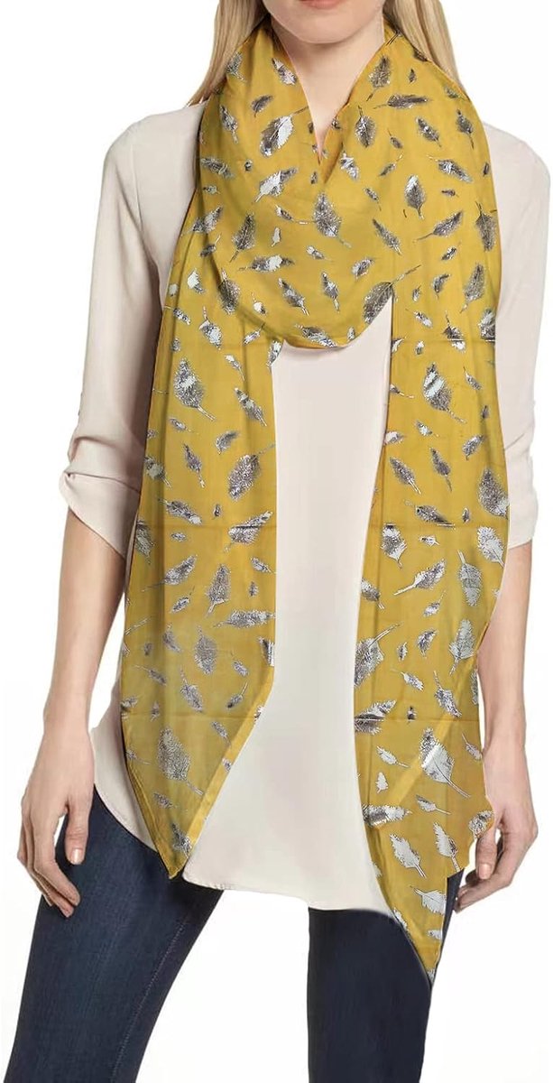 & Lily dames sjaal met verenpatroon metallic, mosterd zilver, Eén maat