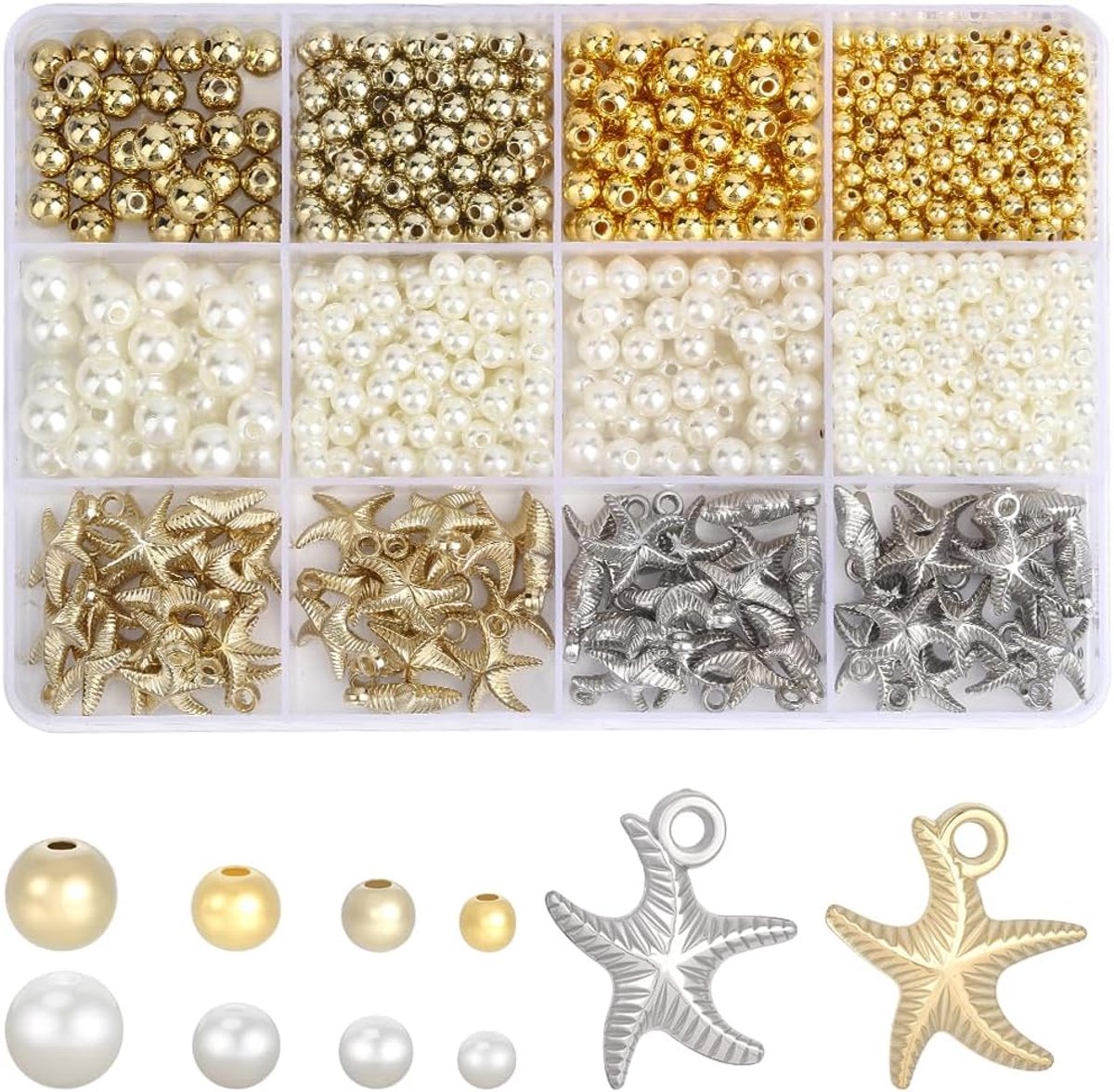 Kralenset ronde gouden witte parels imitatie parel zeesterren bedeltjes diverse losse kralen bulk voor sieraden maken armbanden ketting DIY knutselbe
