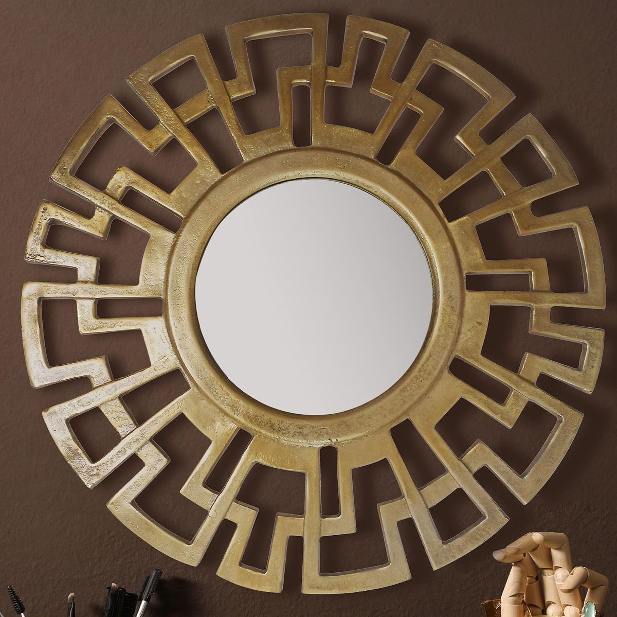 Wandspiegel Rond 60x60 cm Metaal Goud, Art Deco | decoratieve spiegel met geometrisch frame, hangspiegel groot, halspiegel handgemaakt, garderobespiegel