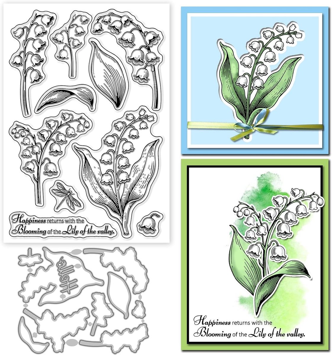 Lelietje-van-dalen Clear Stempel en Snijmallen Set voor Kaarten Maken Fowers Planten Siliconen Transparante Stempels Bladeren Libelle Koolstofstaal Metalen Die Cuts voor DIY Scrapbooking