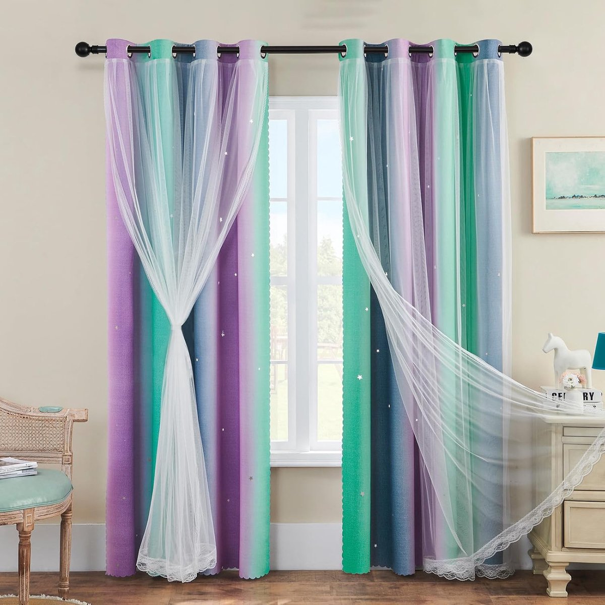Gordijnen voor kinderkamer 132 × 183 cm voor kinderkamer volwassenen gordijnen schaduw met deurdecoratie van transparant glas sterren gesneden ringgordijnen paars grijs / 132/183/2 IT