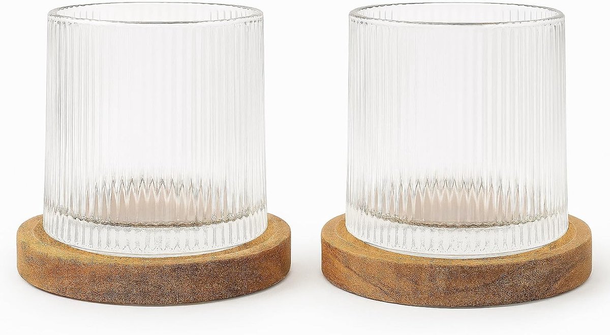Whiskyglazen set - 2 glazen met houten onderzetter - whiskyset met whiskystenen - perfect voor smaakbeleving - SnelShoppen