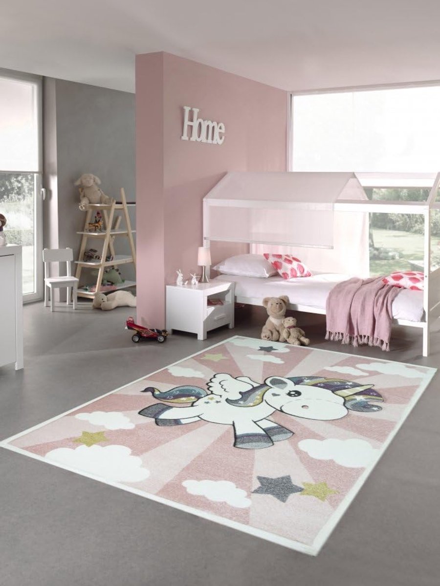 Speeltapijt babytapijt meisje eenhoorn regenboog roze crème maat 80 cm rond