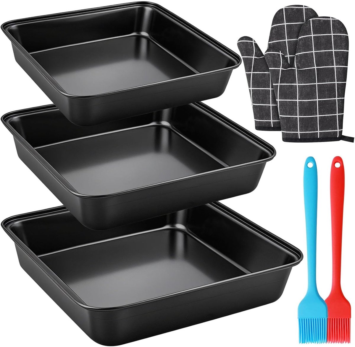 bakvorm, 3 stuks, verschillende maten, met 2 bakpenselen, siliconen kwast en 1 ovenhandschoenen, antiaanbaklaag, vierkante ovenschaal voor cake, brownies en lasagne