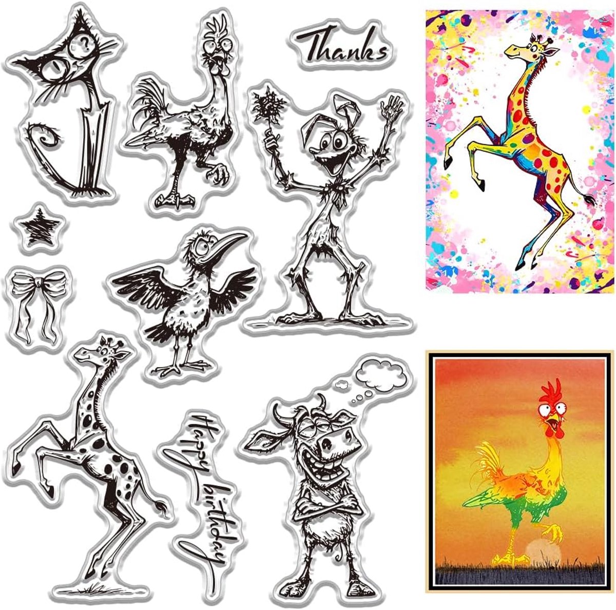 craspire Herbruikbare stempels met dansmotieven Giraffe Kat Koe Kip Vogel Vlieg Transparante siliconen stempels voor journaling kaarten maken DIY decoratie scrapbooking fotoalbums
