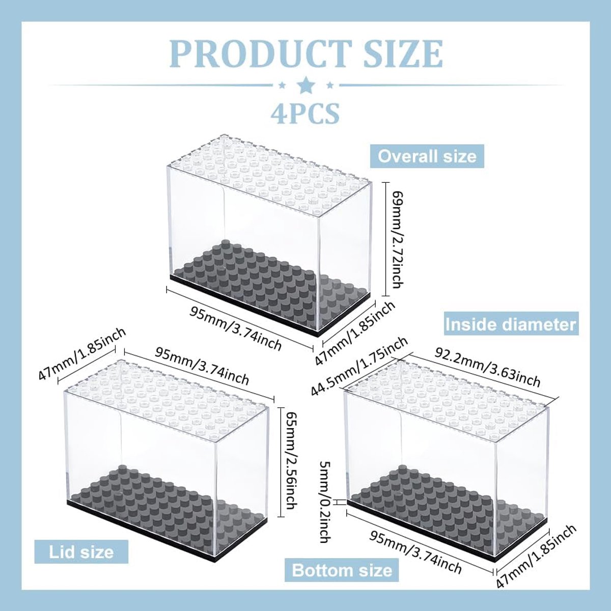 4 stuks vitrine voor minifiguren, 95 x 69 x 47 mm, stapelbare modelvitrine, kunststof vitrine met sokkel, transparante bouwstenen dozen voor miniatuur, actiefiguren, bouwstenen