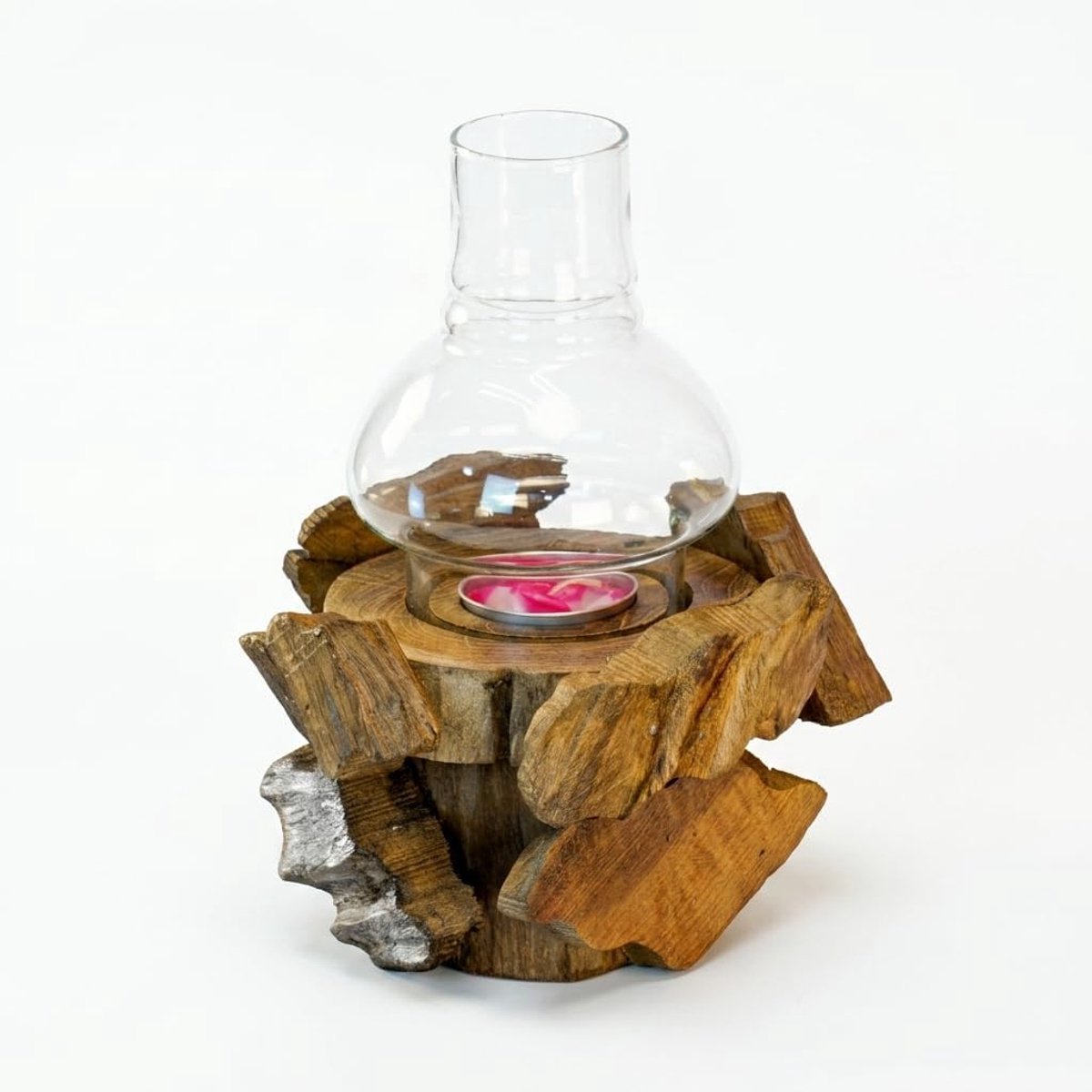 Windlicht met glas - 20cm theelicht teak wortelhout tafeldecoratie - rustiek Rustiek ca. 20x13x13cm naturel