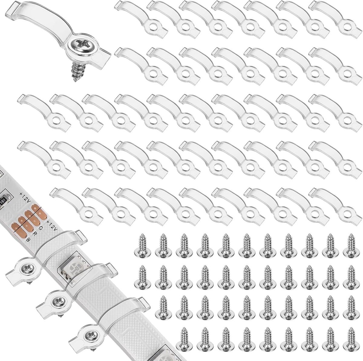 200 stuks ledstripbevestiging, ledstriphouder, licht voor ledstrips, plakstrips, 8 mm, 9 mm, 10 mm, bevestigingsclips met 200 schroeven, inclusief voor striphouderclips