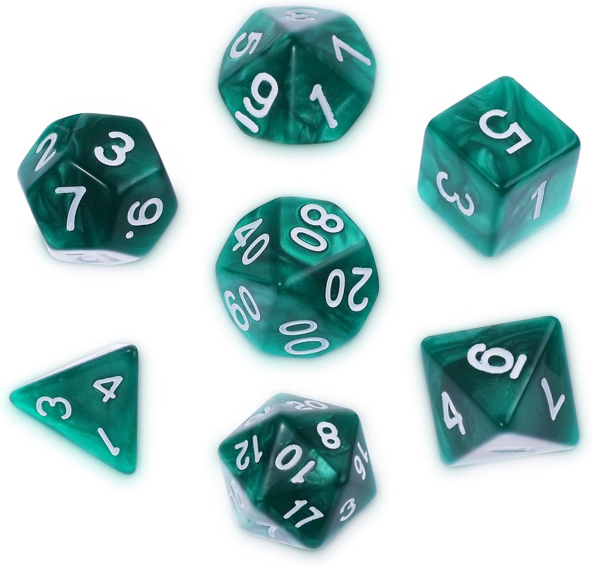 Dobbelstenen set, Abeillo 7 stuks DND Dice, DND dobbelstenen set voor Dungeons and Dragons, speldobbelstenen RPG rollenspellen tafelspellen D&D D20 D12 D10 D8 D6 D4 (donkergroen)