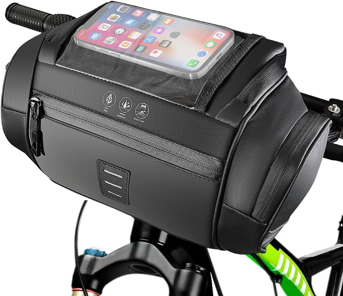 Stuurtas voor fiets, 4,8 l, reflecterende fietstas met touchscreen, waterdichte EVA-draagtas met schouderriem voor stadsfietsen en mountainbikes