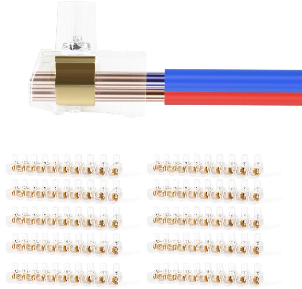 100 eenpolige elektrische klemmen, kap, 2,5 mm², 4 mm², 6 mm², 10 mm², in 10-polige staven, transparant, geïsoleerd voor elektrische kabels (SP013-22, 2,5 mm²-100 klemmen)