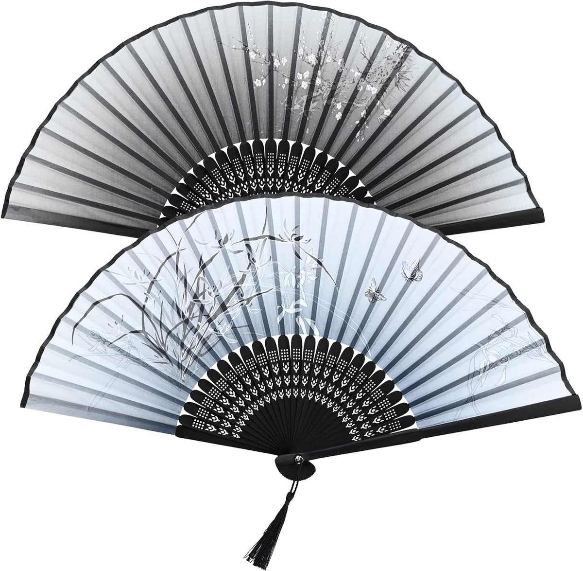 opvouwbare 2 stuks Chinese zijden stof handheld fans met kwastje voor vrouwen mannen klassieke bamboe handfans voor huwelijksfeest geschenken dans Chinese decoraties (zwart)