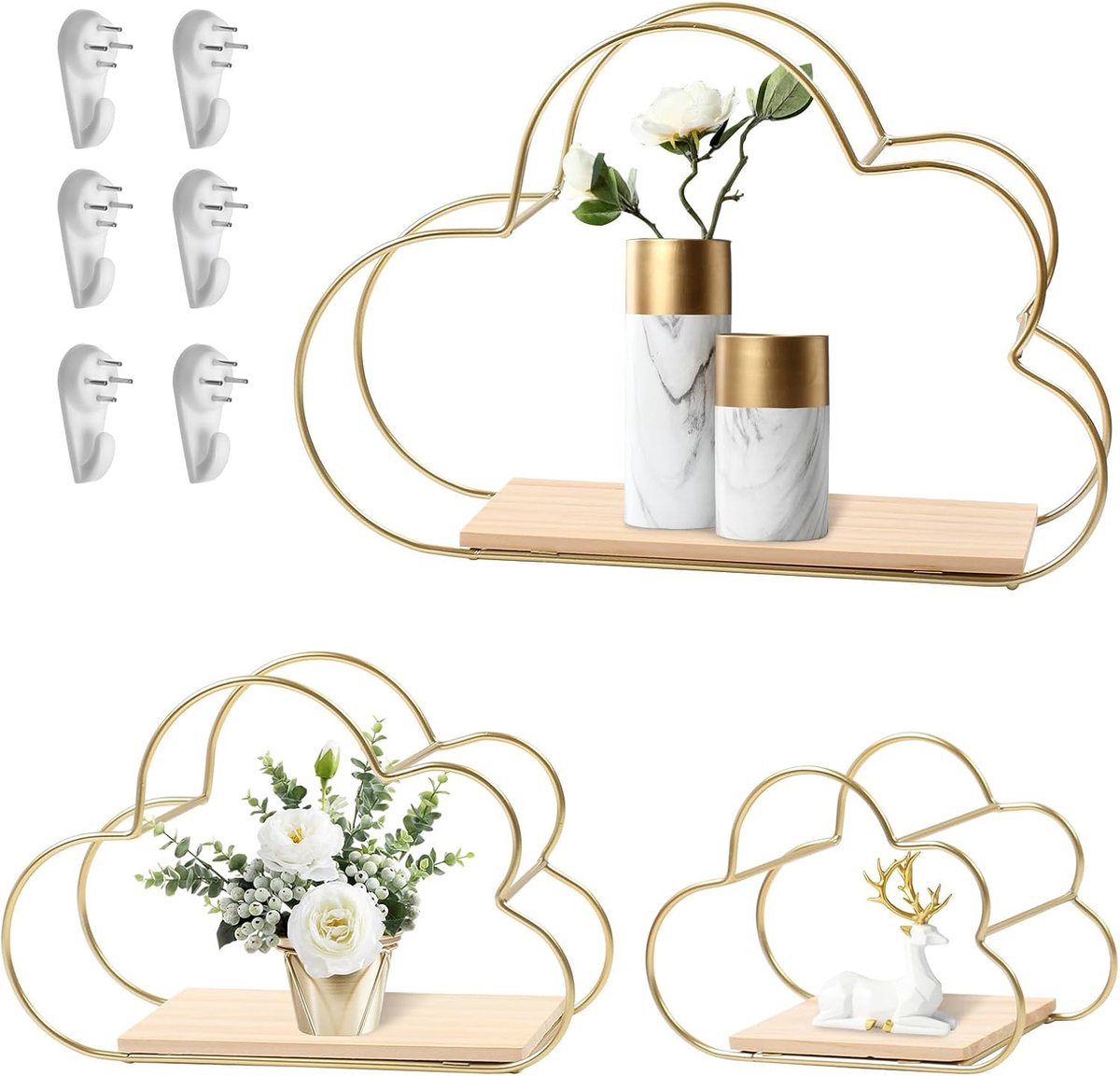 3 stuks wolkvormige wandplanken, 3 maten wandgemonteerde zwevende planken, gouden decoratieve geometrische hangende plank metaaldraad en houtfineer wandopslag display voor woonkamer,