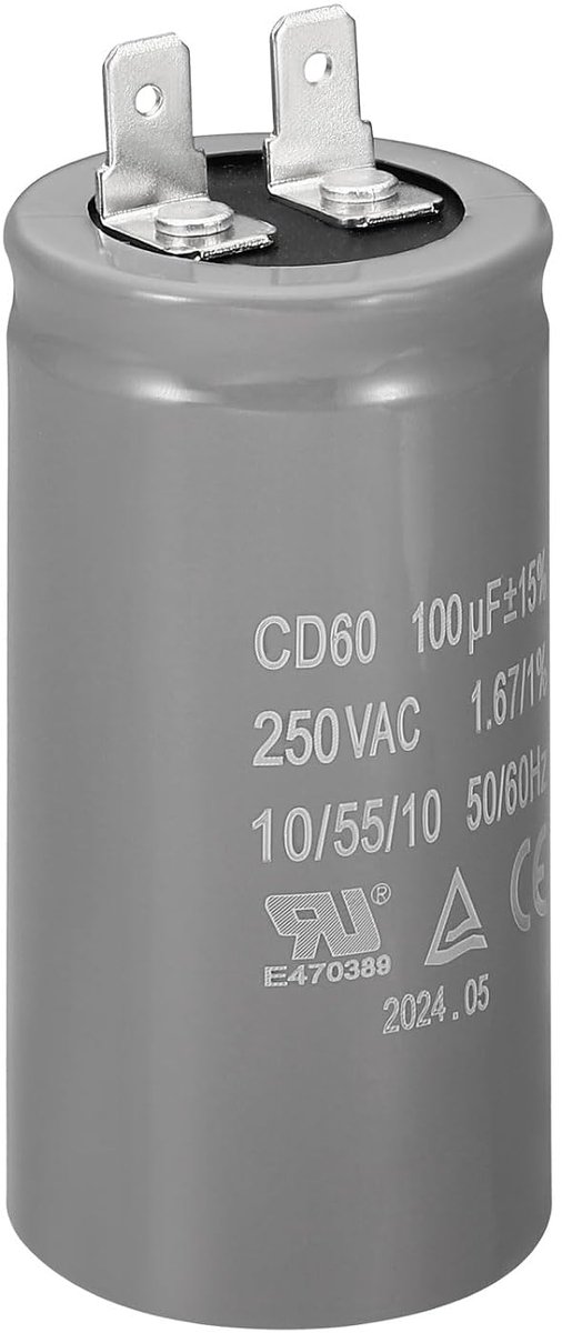 Startcondensator CD60, 100uF/MFD 250 V, tolerantie 15%, 50/60 Hz, condensator voor luchtcompressormotor, start en werking, grijs