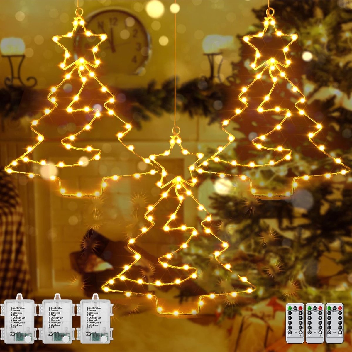 3 stuks lichtgevende sterren, kerstdecoratie, raam met 55 warmwitte leds, werkt op batterijen, kerstverlichting, raam voor feestjes, kerstdecoratie