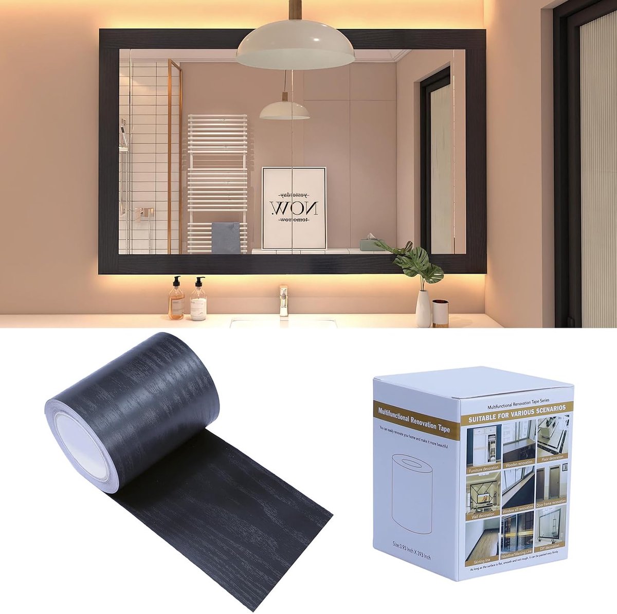 om af te pellen en op te plakken, houtnerf, behangrand, verwijderbaar, waterdicht, badkamerspiegelframestickers, stoelen, plinten, deuren, ramen, vloeren, handwerk, doe-het-zelf, 10 cm x 10 m, zwart