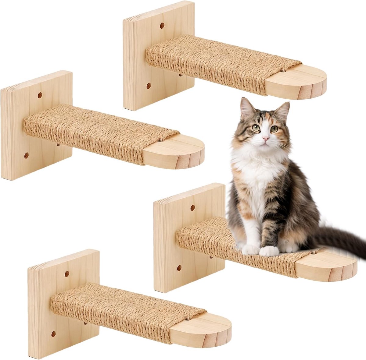 Katten 4-delige set, kattentrap muur, kattenklimwandset, kattenwandelementen, kattentrap klimwand hout voor katten klimmen spelen loungen