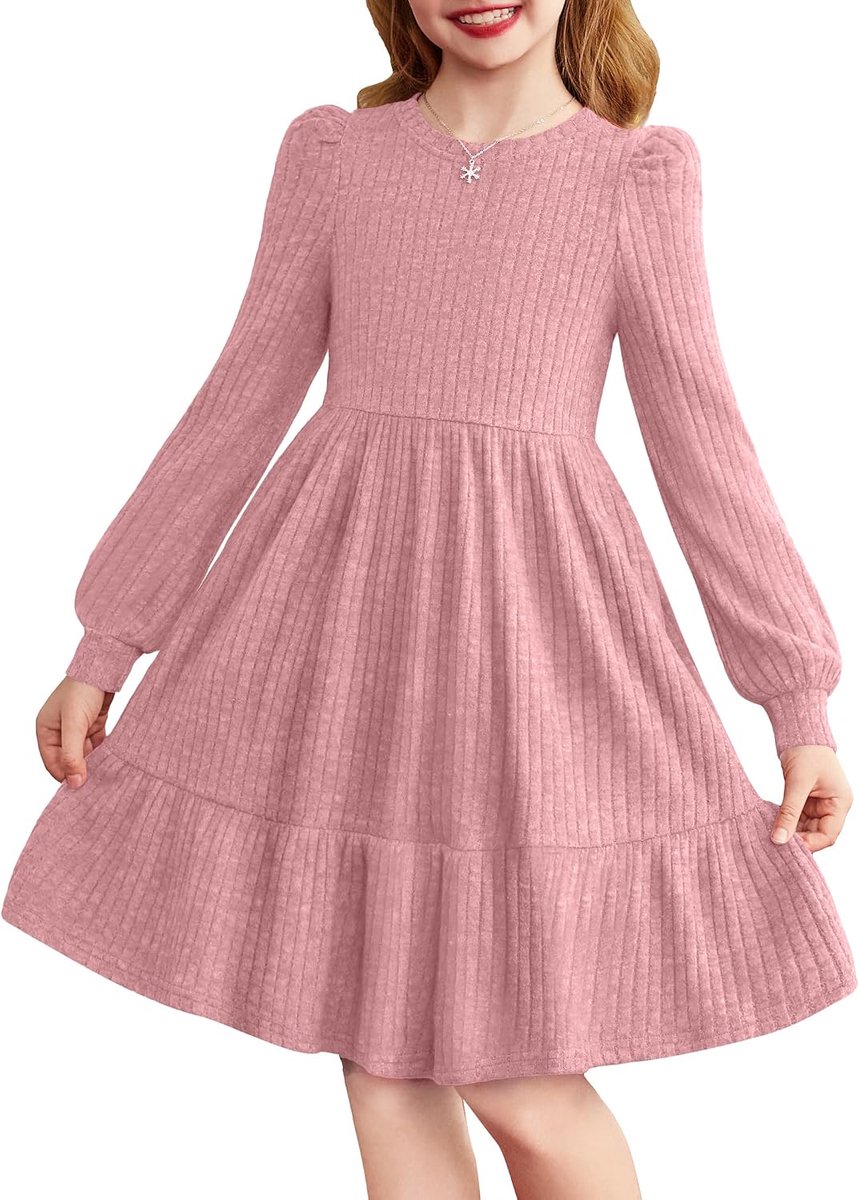 Meisjesjurk met pofmouwen, lange mouwen, kinderjurk, elegante feestelijke gebreide jurk, ronde hals, vrijetijdsjurk, A-lijn, feestjurk, eenkleurig, geribbeld, winterjurk, dagelijks gebruik