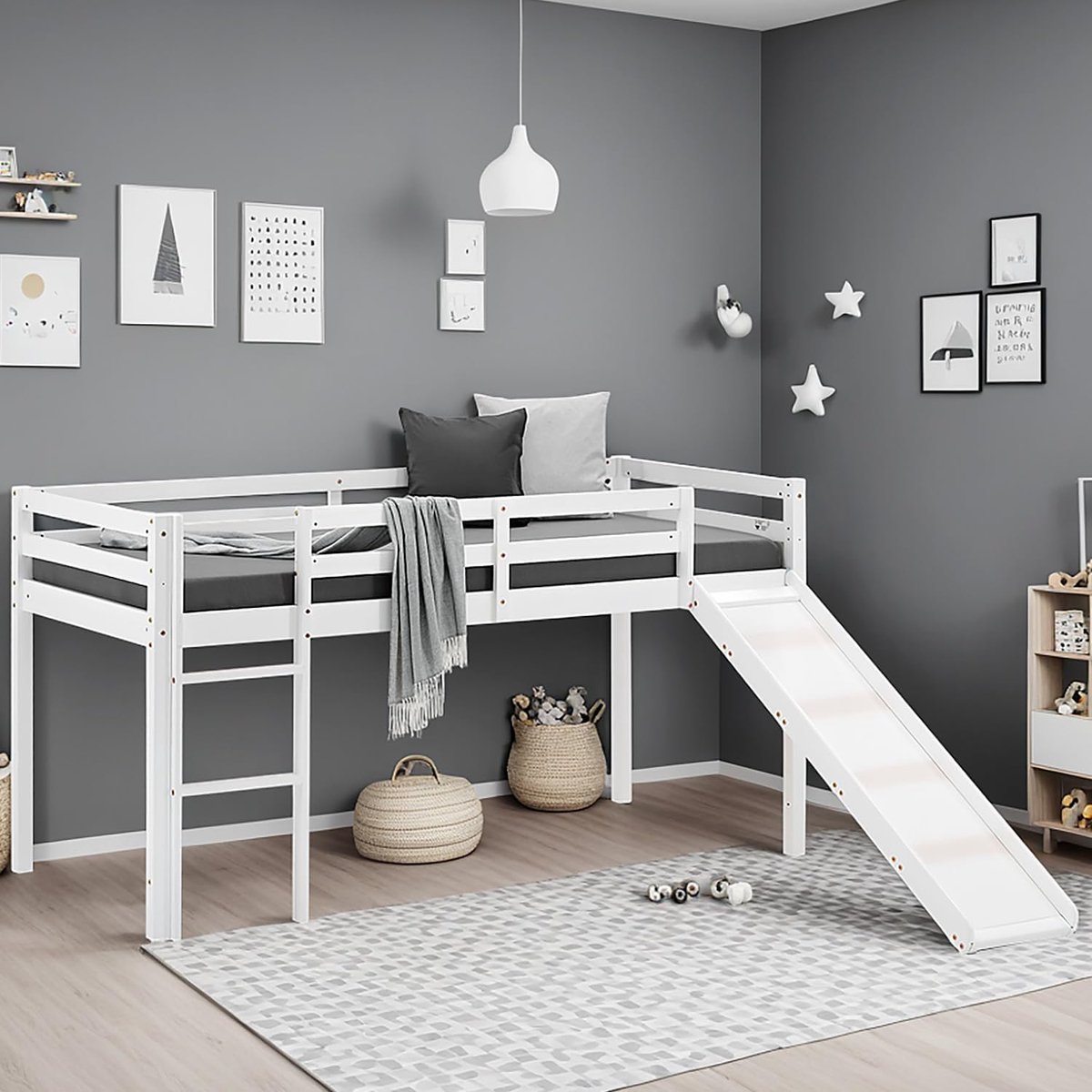 Hoogslaper voor kinderen, met glijbaan, lattenbodem, kinderbed, 90 x 200 cm, wit, stapelbed, tienerbed, massief grenen, artikel 2124