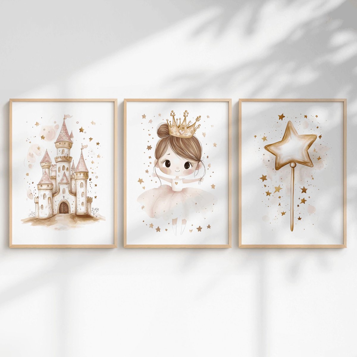 3-delige posterset kinderkamer meisjes - wandafbeeldingen met eenhoorn, prinses en dieren - SnelShoppen