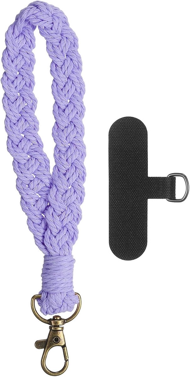 Boho macramé sleutelhanger, handgemaakte polsband, armband, sleutelhanger, sleutelhangerhouder, sleutelkoord, telefoon, polsband met T-vormig kussen voor vrouwen, meisjes, paars