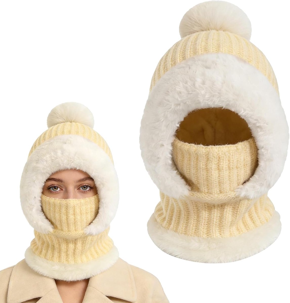 Bivakmuts voor dames, 3-in-1 pluche thermo-skimasker met volgelaatsmasker en sjaal, winddichte beanie, gebreide muts, ideaal voor winterkleding, outdoor en fietsen