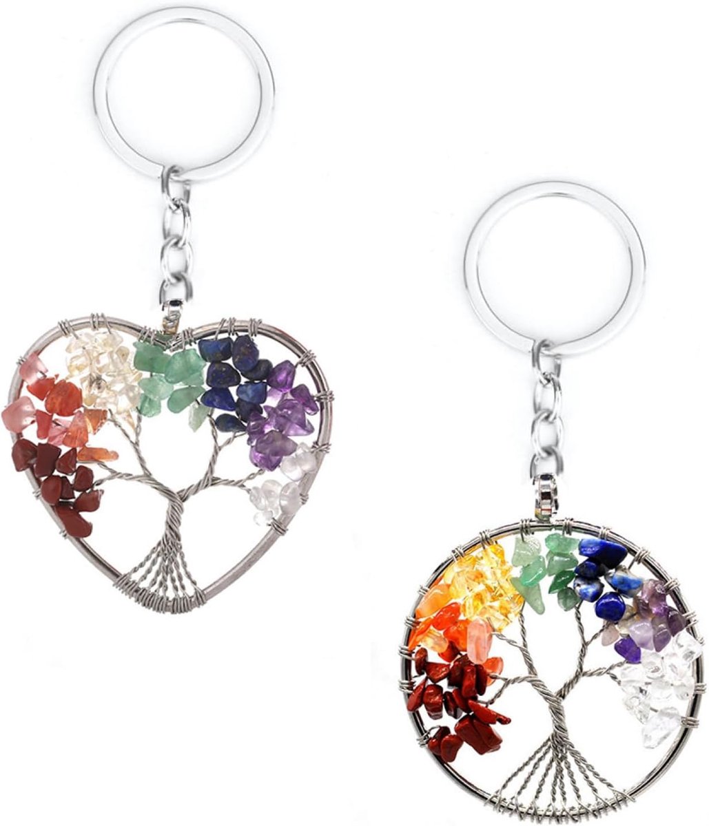 levensboom, sleutelhanger van roestvrij staal, levensboom, natuursteen, 7 chakra, kristal, voor koppels, geliefden, moeder, zilver., M