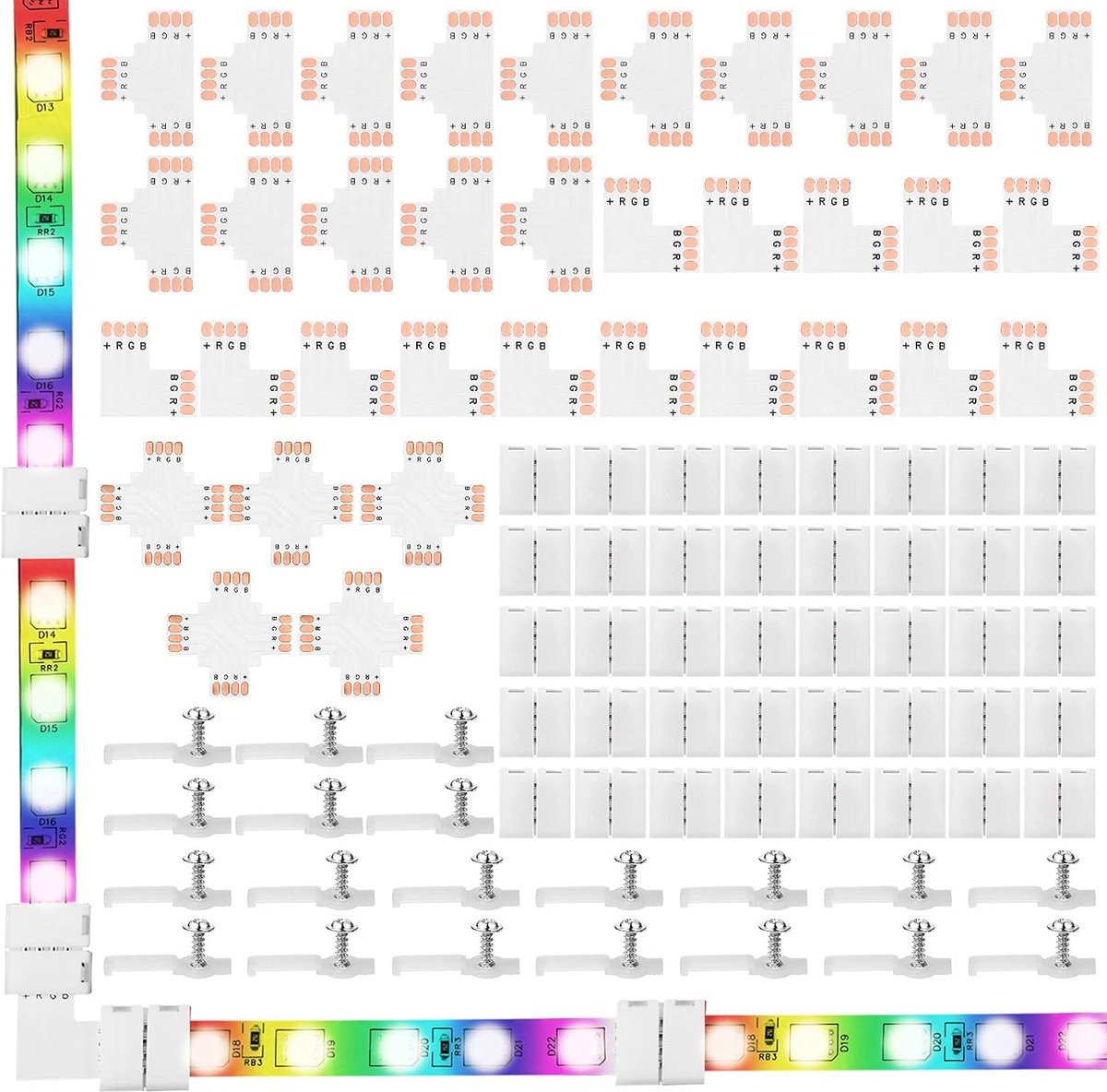 95 stuks 4-polige set ledstripconnectoren, schroefbevestigingsclips, 4-polige led-connectoren, PCB-kaart op maat te snijden in T, L en X voor SMD 5050 RGB LED-lichtstrips zonder solderen
