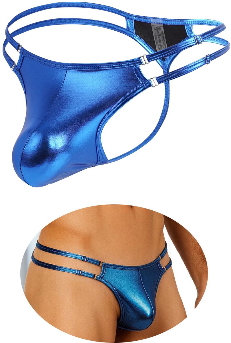 Herenstring met dubbele bandjes - metallic kunstleer - glanzende G-string - perfect voor clubwear - SnelShoppen