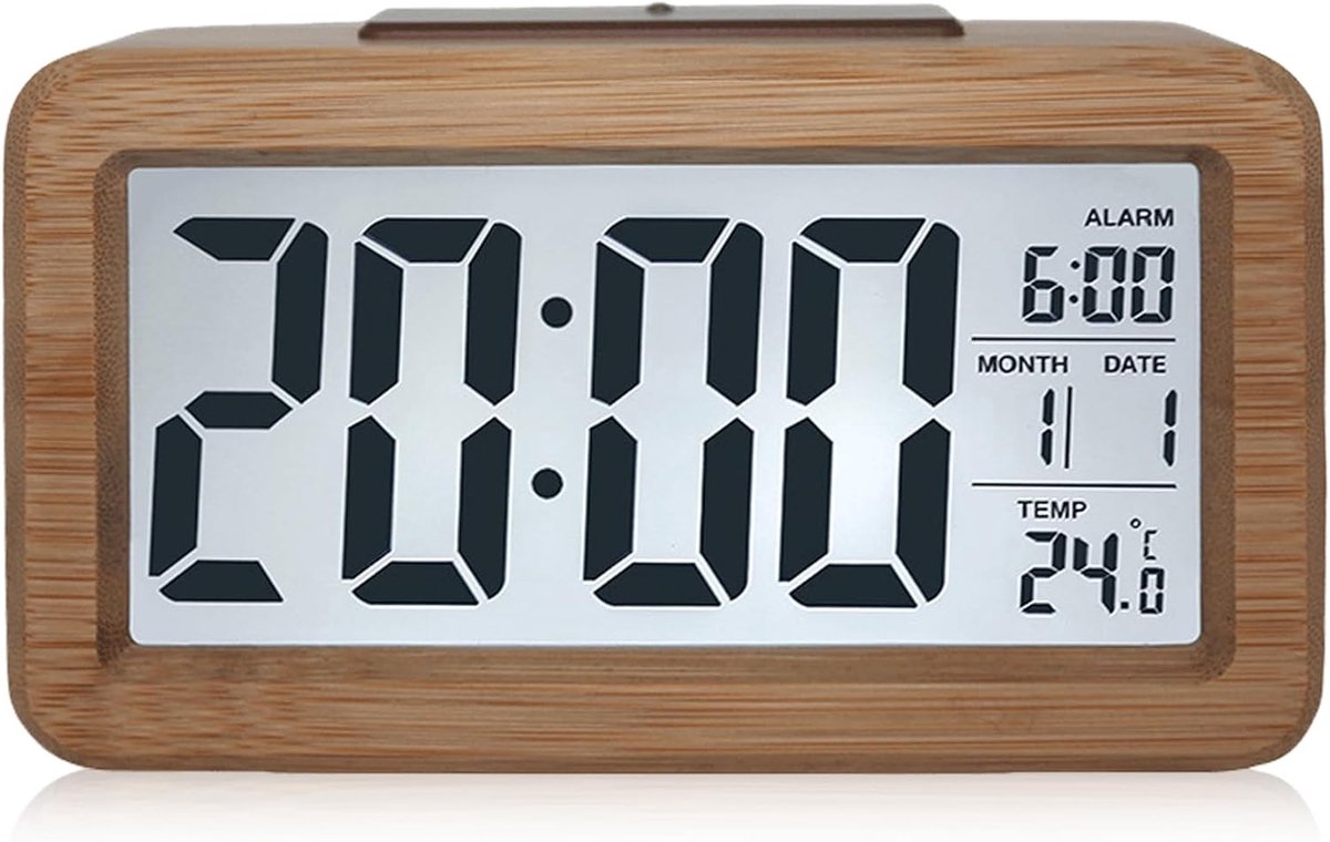 Wekker van hout digitaal, met groot LCD-display, kleine tafelklok met datum, theperatuurdisplay, nachtlampje, klok met snooze modules voor slaapkamer kantoor