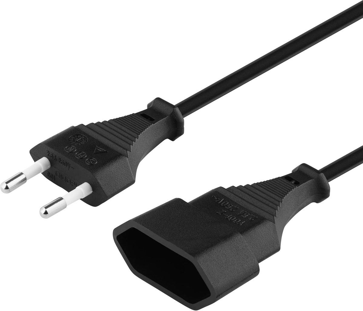 Verlengkabel 230 V 2 m, euroverlenging met eurostekker en bus, stroomkabelverlenging voor 230 V, stekker op bus, kleur zwart