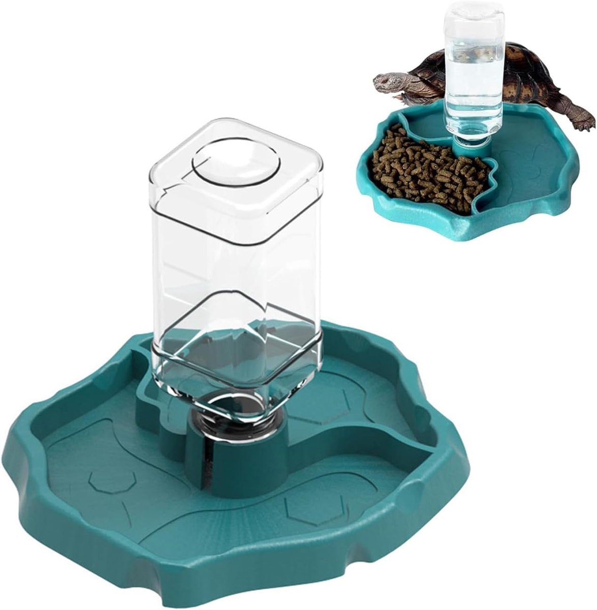 2-in-1 reptielen, automatische voederdispenser, waterdispenser met fles, geautomatiseerde drinkschaal voor schildpadden, hagedissen, slangen, kikkers (blauw)