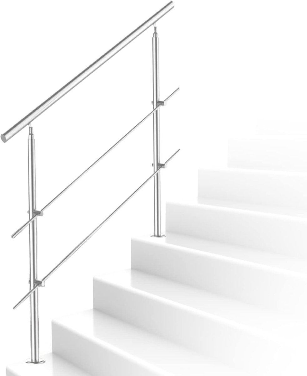 Trapleuning van roestvrij staal, 160 cm, 2 traversen, voor trapleuningen, voor balkonleuningen, buiten, wandleuning