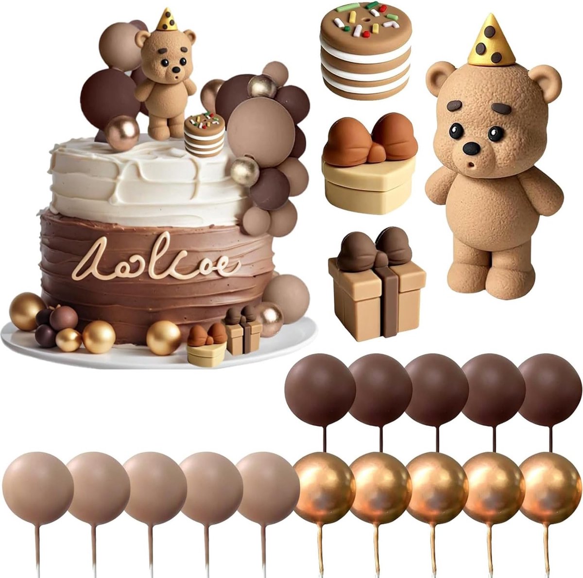Teddybeer taartdecoratie, 19 stuks beer taarttopper set, boho beren taartdecoratie, bruine beer babyshower decoratie voor jongen, meisje, babyshower en meer