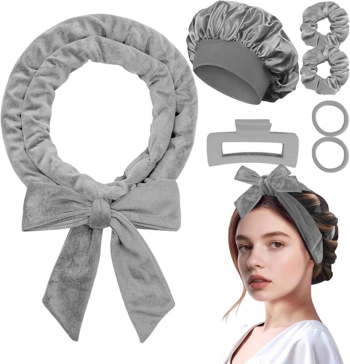 Curler Set voor Lang Haar, Krulband met Clips, Scrunchies & Slaapmuts, Krullen zonder Hitte voor Nachtelijk Gebruik, Zachte Golven, Grijs