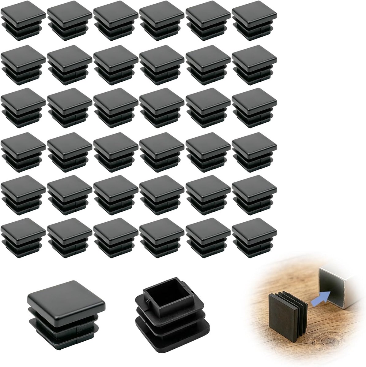 40 stuks 20 mm x 20 mm eindkappen van kunststof, zwart, buis en stoelpoot, zwarte beschermkap voor meubels, antislip kap voor tafel, stoel, metalen buis en structuur