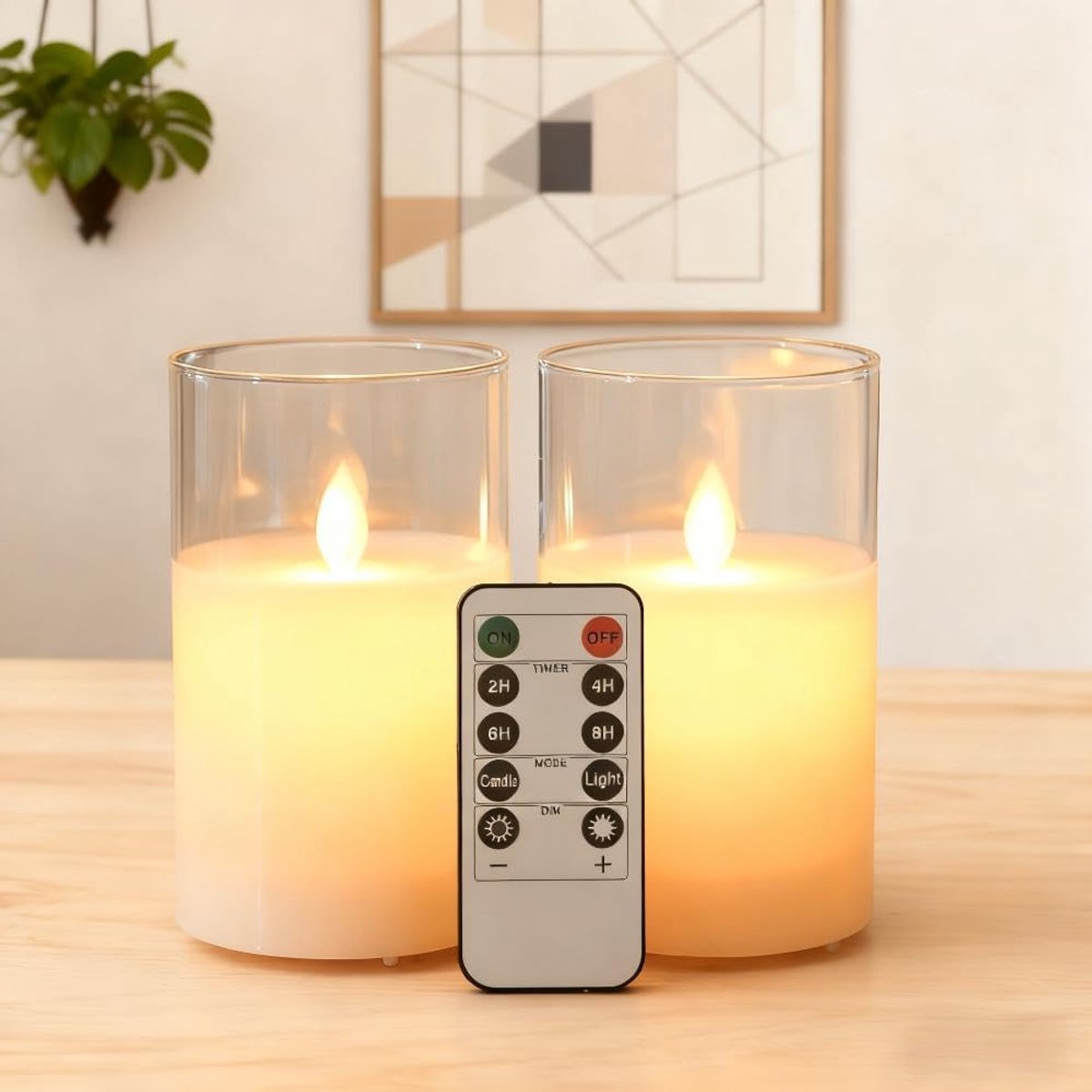 Set van 2 LED-kaarsen zonder Vlam met Glas, Op Batterijen – Realistisch Flickerend Vlameffect en Afstandsbediening – Decoratie voor Huis, Kerst, Bruiloften en Feesten (Wit, 7,5 x 15 cm)