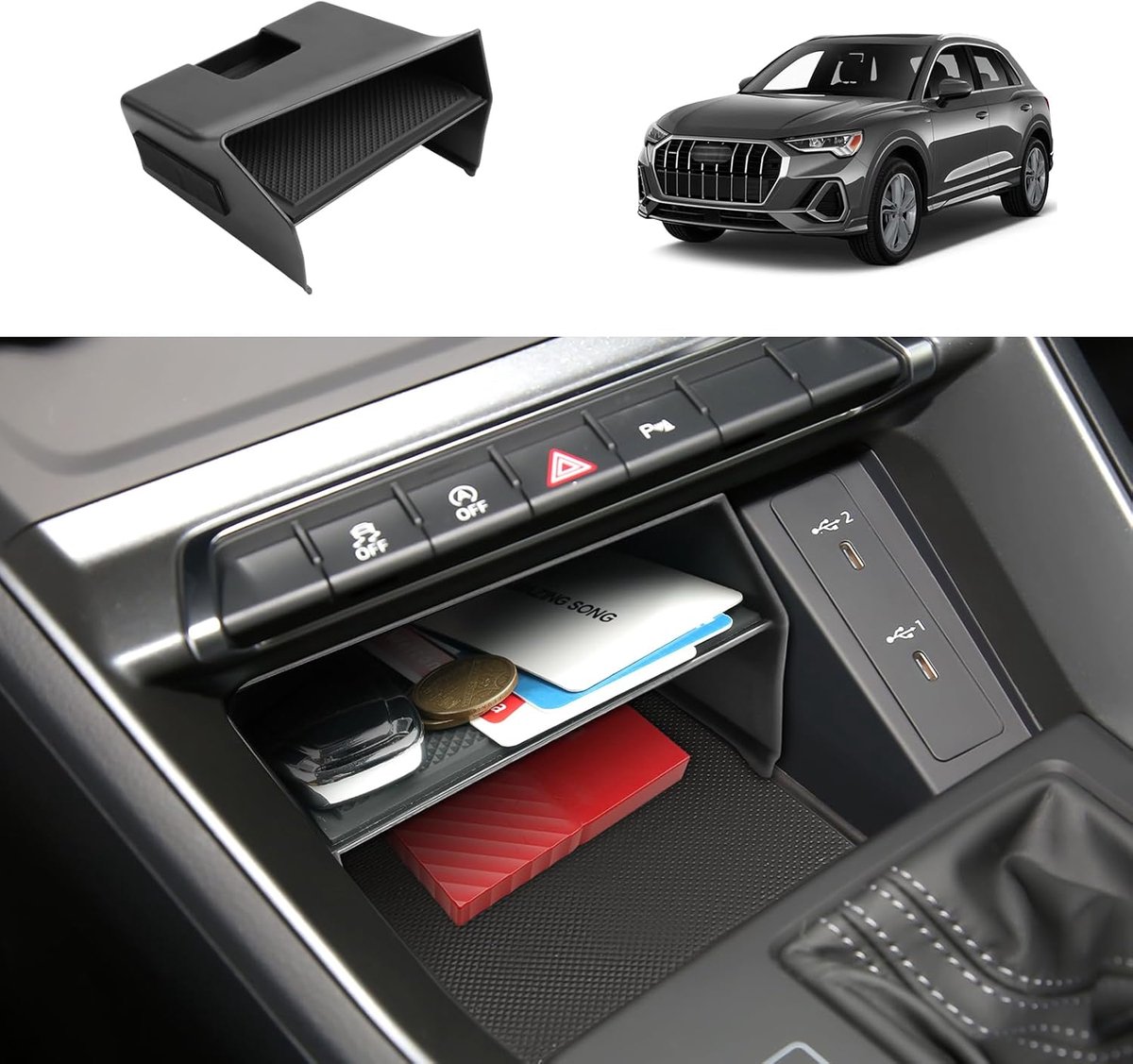 Center Console Opbergbox Audi Q3 F3 2019-2024 - Zwart - Organiser met Antislipmat - Perfect voor Extra Opbergruimte - ShopVlot