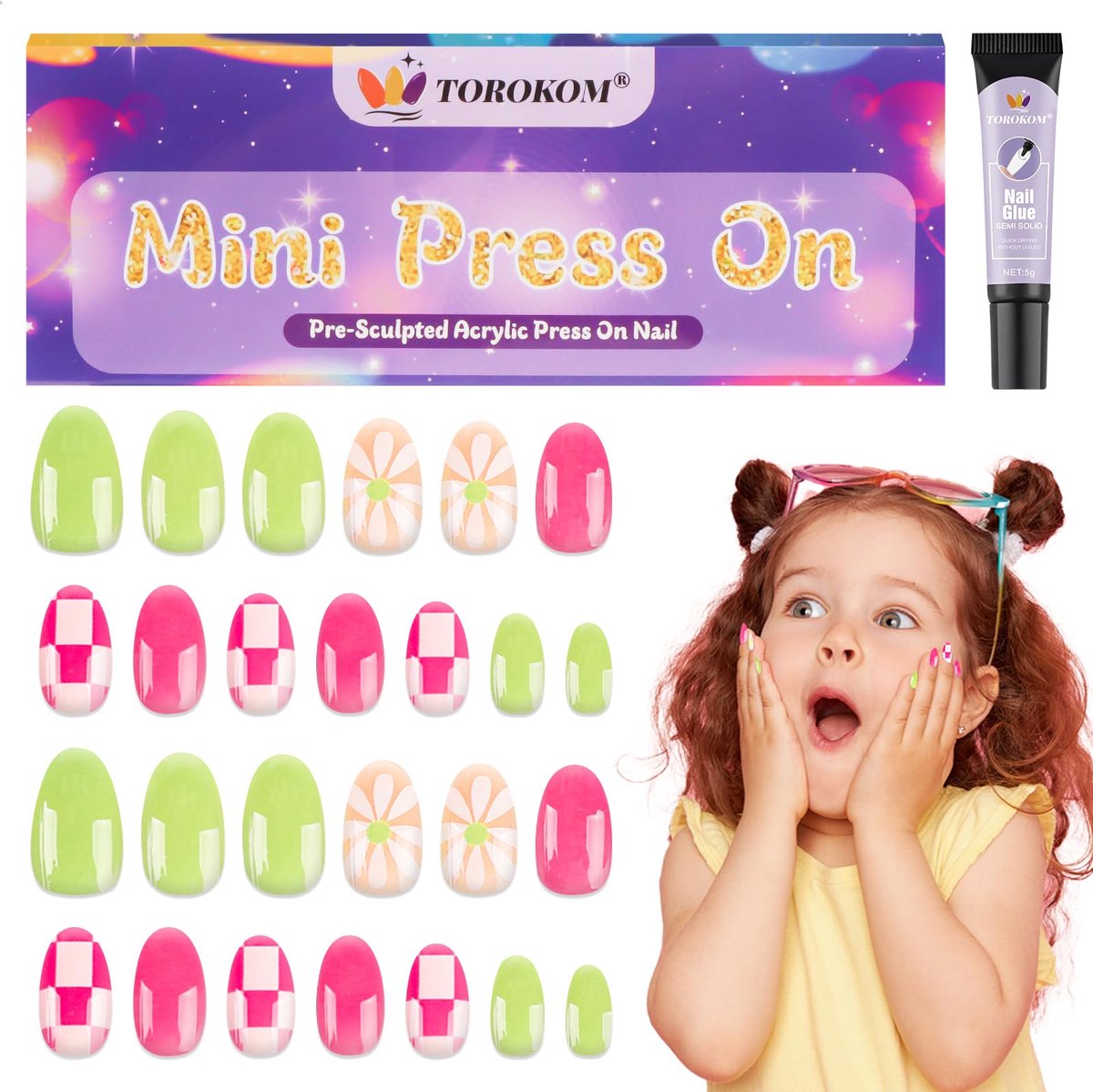 Nepnagels voor kinderen - 26 stuks korte press-on nagels - Roze & groene bloem - Perfect voor feestjes - ShopVlot