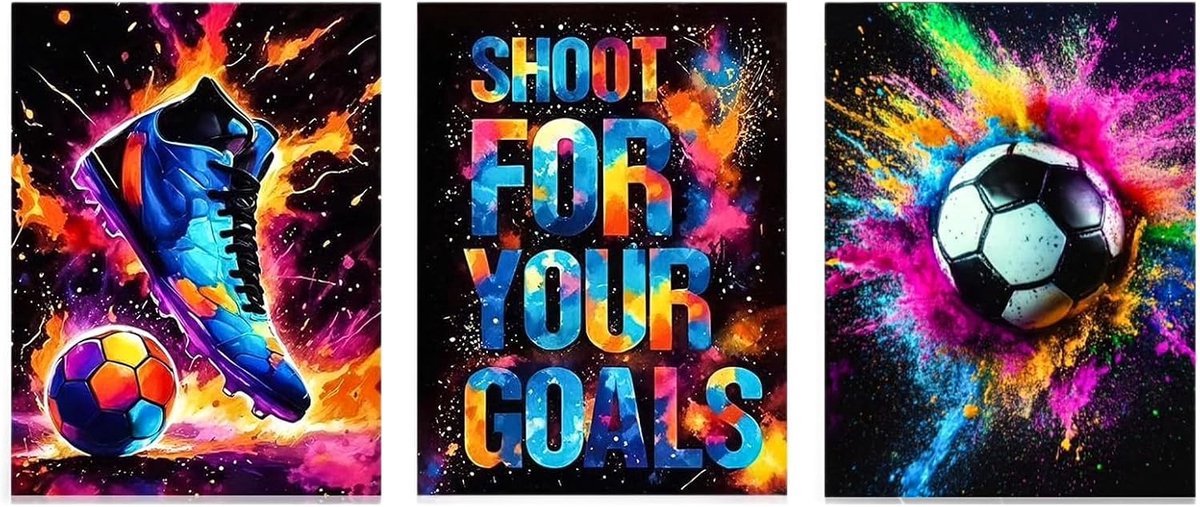 Voetbal wanddecoratie 3-delig - kleurrijke aquarel posters - inspirerend ontwerp - voor woonkamer en slaapkamer - ShopVlot