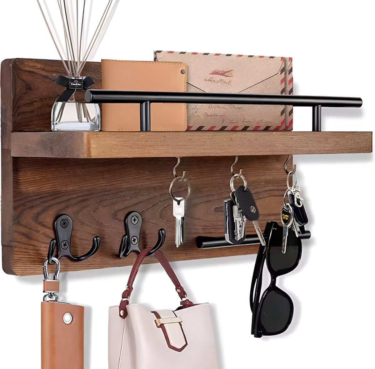 Sleutelhanger met plank - Natuurlijk hout - 6 haken - Organiseer je entree - ShopVlot