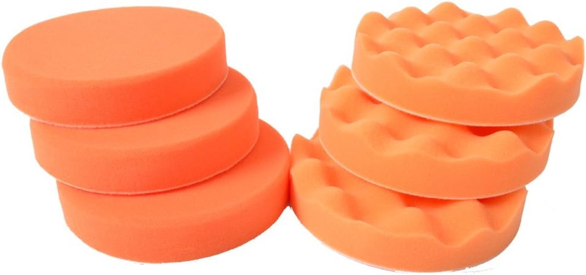 Polijstspons set van 6 - 3 x oranje middelgrote spons 150 mm + 3 x oranje wafel spons - ShopVlot