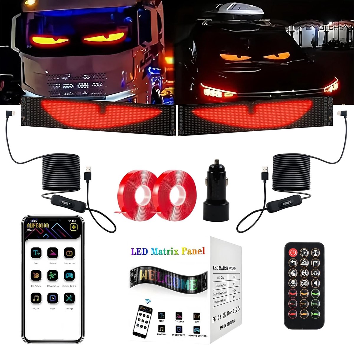 LED Display Bord 37,3 x 9,2 cm - Programmeerbaar RGB Paneel - Bluetooth App - Aantrekkelijke Auto Accessoire - ShopVlot