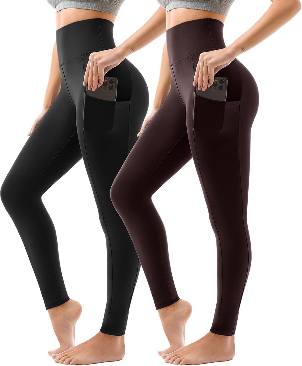 Sportlegging voor dames, hoge taille, sportbroek voor dames, lang met zakken, voor gym, yoga, verpakking van 2 stuks, SM, zwart/grijs