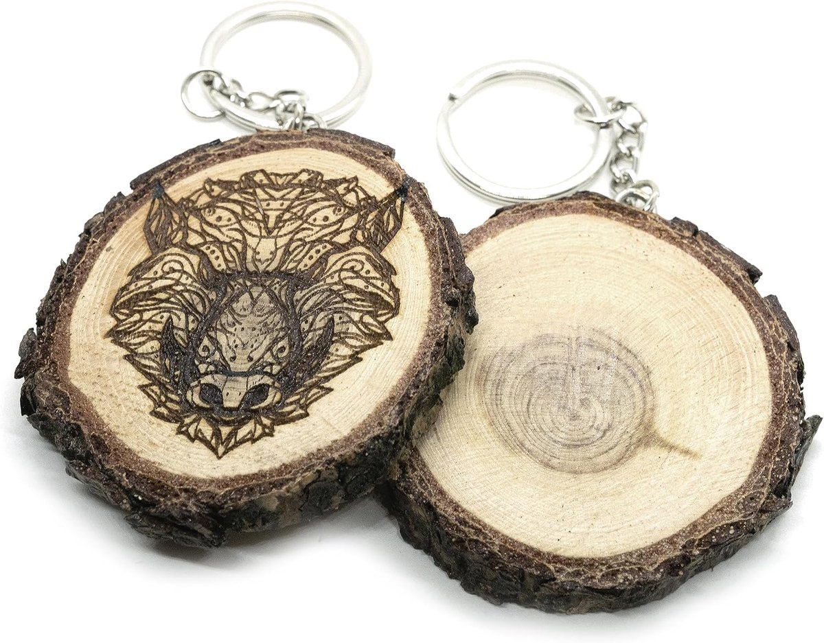 Sleutelhanger van natuurlijk hout met wild zwijn in tattoo-stijl, Beige, Eén maat